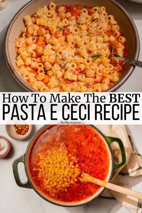 Pasta e ceci, or pasta with chickpeas, is an Italian classic made with rosemary, vegetables, and parmesan. An easy, nutritious, and comforting weeknight pasta recipe. Pasta A Ceci, Pasta E Cece, Pasta E Ceci Soup, Chickpeas And Pasta, Pasta And Chickpeas, Rosemary Vegetables, Chickpea Pasta Recipes, Ditalini Pasta Recipes, Pasta Ceci