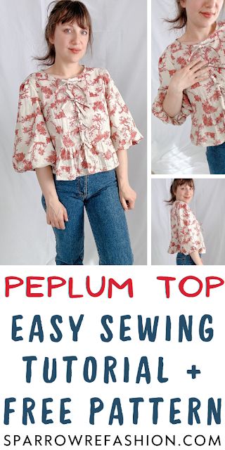 Tie Front Blouse - Sewing Tutorial with Free Pattern - Sparrow Refashion: A Blog for Sewing Lovers and DIY Enthusiasts Blouse Pattern Sewing Free, Tie Front Top Pattern, Blouse Pattern Free, Sparrow Refashion, Top Pattern Sewing, Crop Top Sewing Pattern, Shirt Patterns For Women, Free Pdf Sewing Patterns, Blouse Sewing