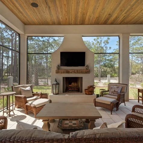 75 Screened-In Porch Ideas You'll Love - June, 2024 | Houzz Marthas Vineyard Interior Design, Porch With Fireplace, Back Porch Designs, Alexander Home, Porch Life, Sunroom Ideas, Porch Fireplace, Porch Remodel, Porch Addition