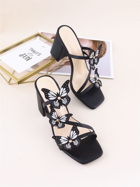 Black Fashionable Collar   Animal Mules Embellished   Women Shoes Shoe Ideas For Women, Diy Heels, Butterfly Sandals, Pretty Sandals, Heeled Mule, Fashion Shoes Heels, Zara Heels, Shoes Heels Classy, Butterfly Decor