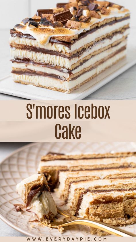 A layered s'mores icebox cake. Smores Ice Cream, Fruit Milkshake, Refrigerator Cake, Icebox Cake Recipes, Smores Cake, Milkshake Recipe, Marshmallow Cream, Layered Desserts, Dinner Dessert