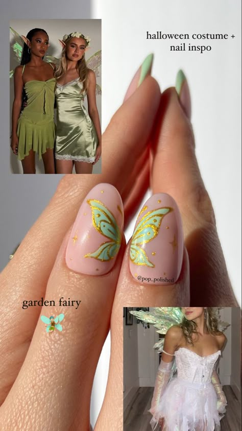 fairy nail look with butterfly wings!! perfect for a halloween fairy costume Simple Fairy Nails, Fairy Garden Nails Design, Fairy Wing Nails, Fairy Garden Nails, Fairy Nails Acrylic, Nail Design Butterfly, Halloween Fairy Costume, Fairy Nail Art, Blue Fairy Wings