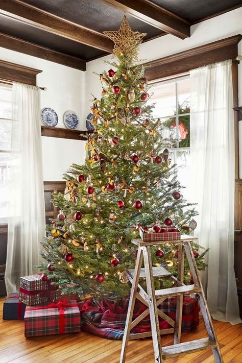 Beautiful traditional Christmas tree with rattan star topper Christmas Tree Game, Best Christmas Tree Decorations, Star Christmas Tree Topper, Amazing Christmas Trees, Country Christmas Trees, Christmas Tree Star Topper, Star Christmas Tree, Unique Christmas Trees, Christmas Tree Inspiration