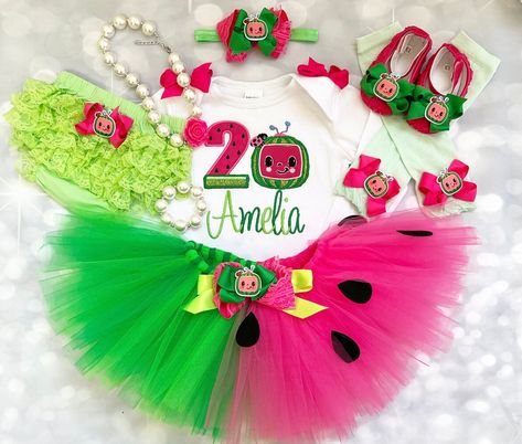 Cocomelon Tutu Outfit, Coco Melon Birthday Party Ideas, Cocomelon Outfit, Cocomelon Birthday Outfit, Birthday Tops, Watermelon Birthday Parties, Coco Melon, 2nd Birthday Party For Girl, Cocomelon Birthday