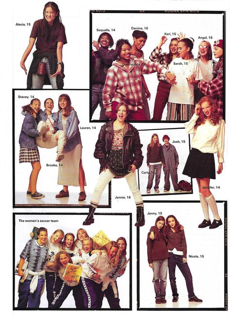 *February 1995.* 'Grant High School trends: thigh-highs and knee-highs (guys too -- the brave ones). ' 90s School Photoshoot, Decade Outfits Spirit Week, Seventeen Magazine 90s, Decade Outfits, 90s Fashion Catalog, 1997 Fashion, Seventeen Magazine Covers, Vintage Seventeen Magazine, Seventeen Magazine Fashion