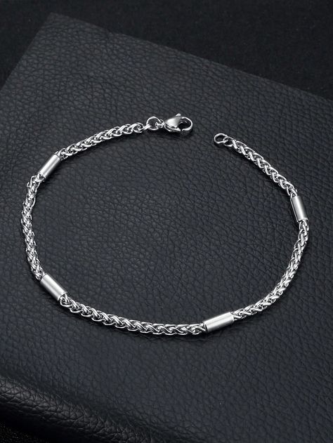 Silver  Collar  Stainless Steel   Embellished   Men's Fashion Jewelry Sterling Silver Mens Bracelet, Mens Silver Chain Bracelet, Silver Bracelet For Man, Silver Hand Bracelet For Men, Metal Bracelets For Men, Male Silver Jewelry, Male Bracelets Silver, Men Jewelry Silver, Silver Bracelet For Men Design