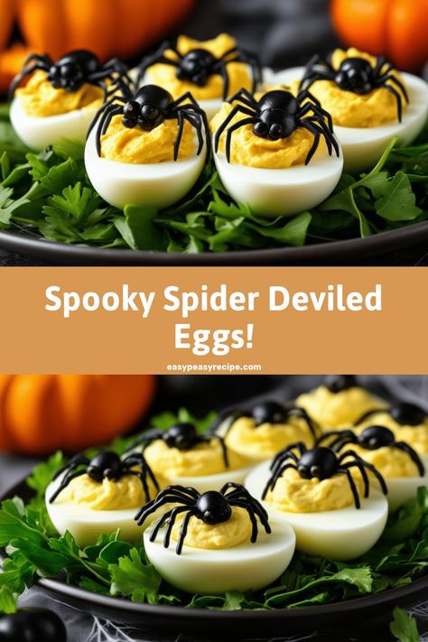 A plate of deviled eggs with spider-shaped olive toppings, perfect for a spooky Halloween recipe. Halloween Party Food Deviled Eggs, Deviled Eggs With Spiders, Spider Devilled Eggs, Seasonal Breakfast Ideas, Halloween Food Deviled Eggs, Spooky Spider Deviled Eggs, Spooky Deviled Egg Spiders, Deviled Halloween Eggs, Deviled Eggs Presentation