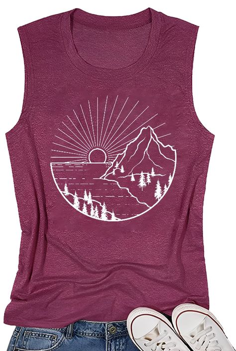 PRICES MAY VARY. Material:Summer t shirts for women cotton, polyester material. Perfect for casual style and high quality manufacturing to keep you cool and dry, this hiking camping outdoor workout tank tops is skin friendly, stretchy, soft, unique, lightweight and comfortable to wear, providing you with an unforgettable wearing experience. Features:Classic sleeveless o neck hiking mountain shirt,hiking clothes for women,t-shirts for women graphic,casual sleeveless crew neck t-shirt,graphic moun Sunrise Graphic, Hiking T Shirt, Nature Sunrise, Women Hiking, Mountain Shirt, Sports Tee, Tree Graphic, Fit Workout, Kindness Shirts