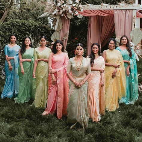 Pastel Saree Bridesmaids, Bride And Bridesmaid Pictures Indian, Brides Maids Outfit, Hindu Wedding Bridesmaids, Pastel Colour Dresses, Indian Bridesmaids Saree, South Indian Bridesmaids, Brides Mate Dress, Indian Bridesmaids Outfits