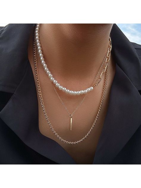 3pcs/set Personality Fashionable Multi-layered Faux Pearl And Metal Chain Necklace Set For Men's Daily Wear | SHEIN USA Mens Pearl Necklace, Metal Chain Necklace, Necklace Combo, Geometric Pendant Necklace, Layered Pearl Necklace, Layered Necklace Set, Multi Layer Necklace, Mens Jewelry Necklace, Necklace Sets