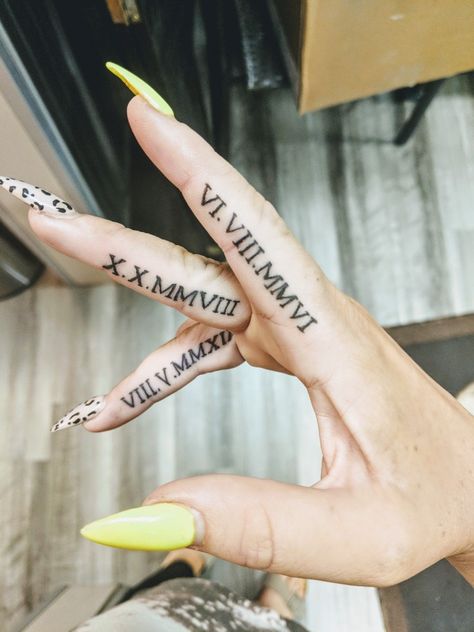 Roman numeral birthdates Roman Numeral Nails Design, Finger Roman Numeral Tattoo, Roman Numerals Finger Tattoo, Roman Numeral Tattoo On Finger, Roman Numeral Tattoo On Hand, Roman Numeral Hand Tattoo, Roman Numeral Tattoo Finger, Roman Numeral Finger Tattoo, Finger Nail Tattoo