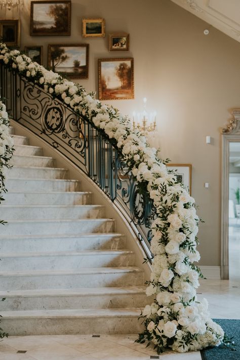 White Flowers On Stairs Wedding, Floral Staircase Decor, Bridal Staircase Decor, The Park Chateau Nj, Park Chateau Wedding, Park Chateau Nj Wedding, Staircase Flowers Wedding, Staircase Florals, Wedding Staircase Decoration