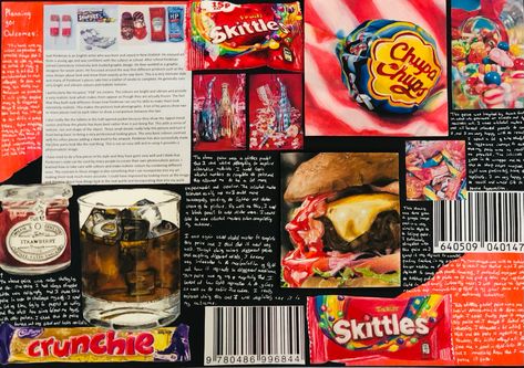 GCSE art board. Food Mindmap Art, Gcse Art Food Mind Map, Pop Art Gcse Sketchbook, Artist Copy Page Gcse, Gcse Art Boards, Food Gcse Art, Food Art Gcse, Sarah Graham Gcse Sketchbook, Sarah Graham Artist