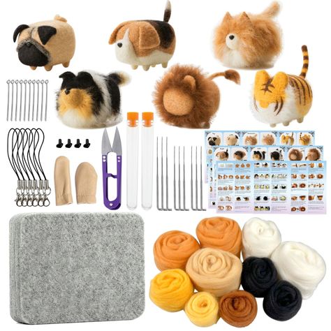 PRICES MAY VARY. 【Complete Needle Felting Kit】: Kits includes all tools and materials needed: 7 Colored Wool Roving 2.08oz, 1x Wool Needle Felting Pad, 9 x Needles in bottle (38 gauge x 3, 40 gauge x 3, 42 gauge x 3), Instruction and tutorial videos, 6pcs Phone lanyard, 10pcs 9-Shaped Needles, Dog's nose, 1 Pair Leather Finger protector, 1 x Yarn Scissors 【Felting Kits for Beginners Adult】: You don't have to worry if you have no prior experience with needle felting, because this series of facele Needle Felt Dog, Bean Crafts, Craft Kits For Adults, Crochet Cats, Felting Inspiration, Felting Diy, Felting Needles, Needle Felting Supplies, Punch Needle Kits