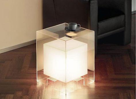 White Walls Living Room, Contemporary Sofa Design, Floating Table, Stylish Side Table, Acrylic Furniture, Creative Tables, Table Designs, Side Table Lamps, Cube Light