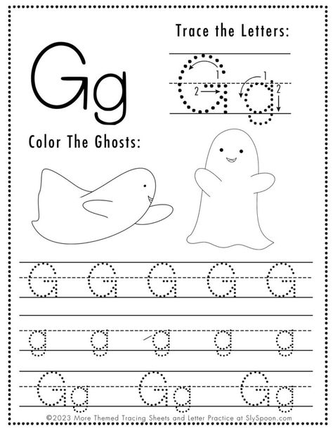 Letter G Halloween Crafts, Abc Tracing Printables Free Preschool, G Tracing Worksheet, G Is For Ghost, Ghost Crafts Preschool, Letter G Tracing, Letter G Crafts, Letter G Activities, Free Alphabet Printables