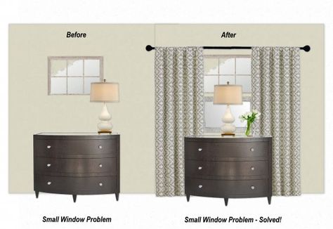 Interior Designer's trick for small windows - mount a mirror lengthwise under the window, then hang floor length window panels from above the window.  Place a lamp in the middle of the dresser to camouflage the mirror and help integrate it with the window above. High Windows, Basement Windows, Small Window, Small Basements, Basement Bedrooms, Small Windows, Bedroom Windows, Trendy Bedroom, Finishing Basement