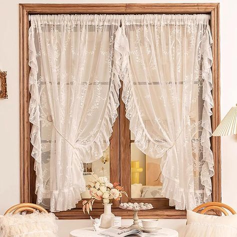 PRICES MAY VARY. Ruffle Curtains Package: Includes 2 ruffle lace sheer curtains. Each measures 59 inches width by 55 inches Length .Made of high quality lace fabric, both sides and bottom sewed with ruffle trims ( it's better for the curtain's width be 1.5-2 times of the window's width) French Country Curtains Hanging Options: These sheer curtain are made with a 3-inch rod pocket that fits any standard curtain rod and gives you two options for installation. You can hang them simply by sliding th European Curtains Style, Lace Window Curtains, Sheer Linen Curtains Bedroom, White Lace Curtains Bedroom, Coquette Curtains, Farmhouse Window Curtains, Lacy Curtains, Kitchen Window Curtain Ideas, Lace Curtains Bedroom