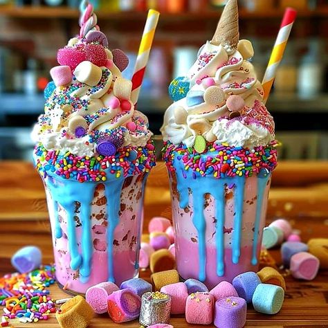 Cute Desserts Aesthetic, Crazy Milkshakes, Crazy Shakes, Rainbow Drinks, Street Food Design, Amazing Food Platters, Fro Yo, Rainbow Ice Cream, Colorful Desserts