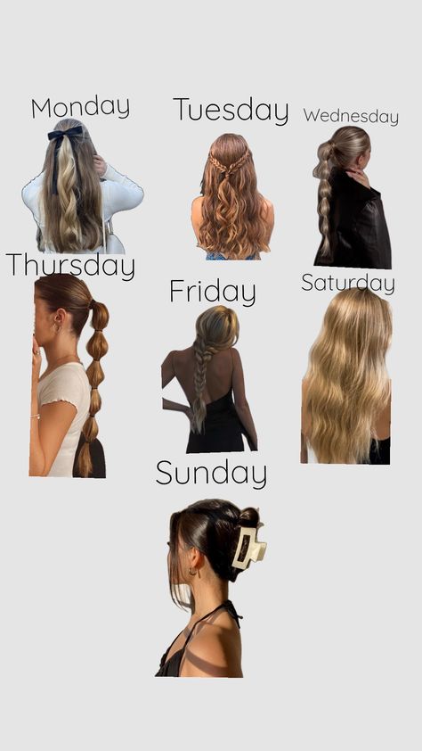 Hairstyles for the week Week Hairstyles For School, Hairstyles Of The Week For School, Cute And Easy Hairstyles For Thick Long Hair, What To Do With Your Hair For School, Very Wavy Hairstyles, Cute School Photo Hairstyles, Hair Styles School Cute, Week Of Hairstyles For School, Cute But Lazy Hairstyles