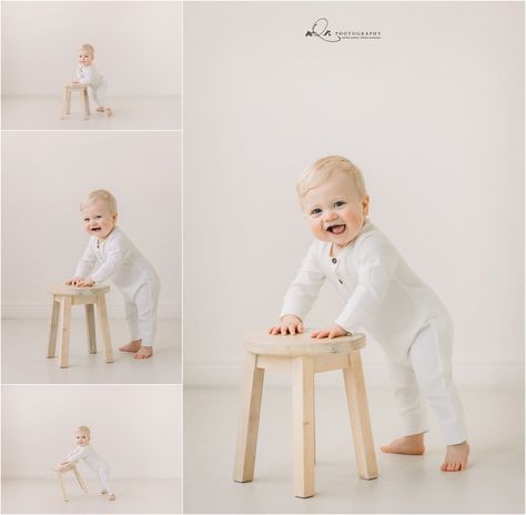 Neutral One Year Photoshoot, Studio First Birthday Photo Shoot, Neutral First Birthday Photoshoot, First Birthday Studio Photos, First Birthday Photo Shoot Ideas, First Birthday Portraits, Noahs Ark Party, Baby Birthday Photoshoot, Boy Photo Shoot