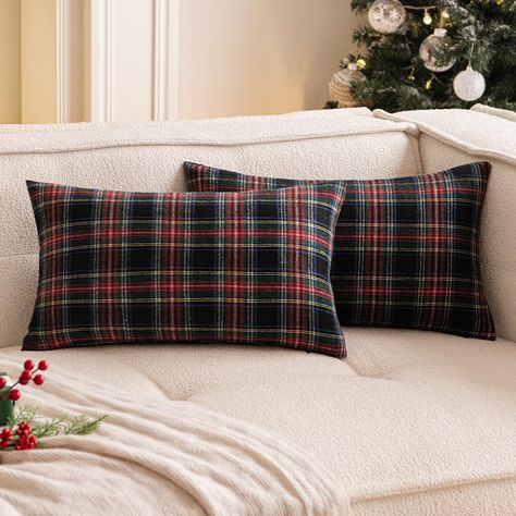 Plaid Throw Pillow, Plaid Christmas Decor, Plaid Pillow Covers, Plaid Throw Pillows, Couch Pillow Covers, Plaid Throw, Christmas Room Decor, White Christmas Decor, Christmas Set