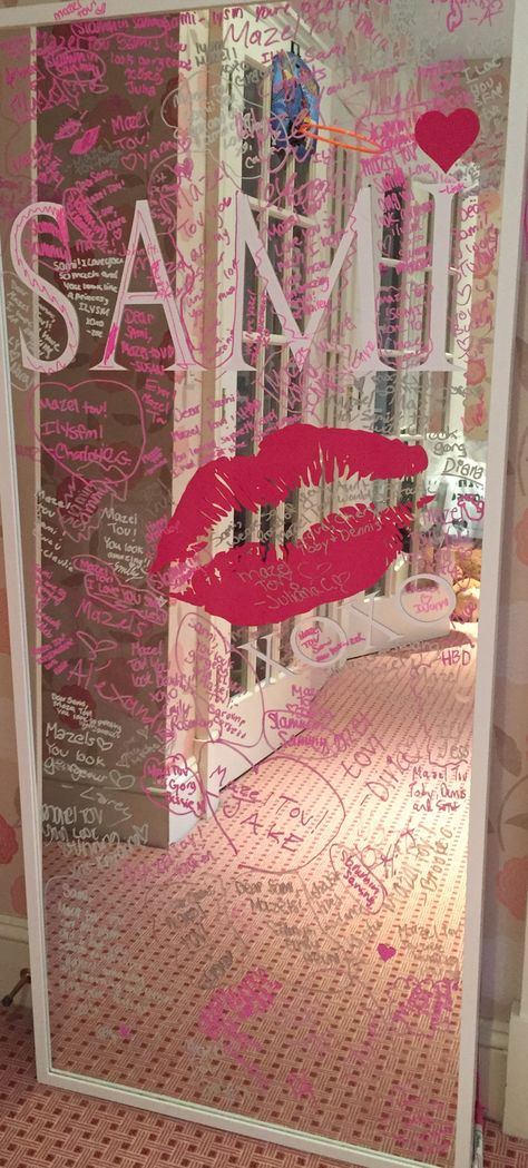 Made this sign in board for my daughters Bat Mitzvah. IKEA mirror, custom vinyl lettering and paint pens - an easy DIY idea. Bat Mitzvah Decorations, Pink Bat Mitzvah, Bat Mitzvah Themes, Mitzvah Themes, Mitzvah Decor, Sweet Sixteen Birthday Party Ideas, Sweet 16 Themes, Bat Mitzvah Party, Ikea Mirror