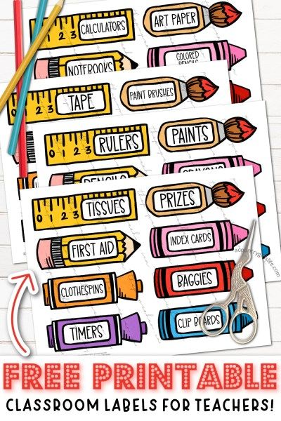 FREE Classroom Labels for Teachers! Art Supply Labels Free Printable, Supply Labels For Classroom Free, Free Classroom Labels, Classroom Lables, Preschool Classroom Labels, Classroom Labels Printables, Classroom Organization Labels, Organized School, Notebook Labels