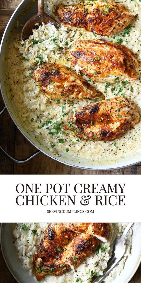 Easy Chicken One Pan Recipes, Yummy Chicken And Rice Recipes, Creamy Chicken And Veggies, Healthy Creamy Chicken And Rice, Easy One Pot Chicken Meals, Healthy Chicken With Rice, Chicken Thigh Supper Ideas, Healthy Skillet Meals Chicken, Rice And Meat Dishes