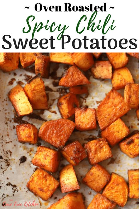 Chili Spiced Sweet Potato Chunks | thecarefreekitchen Sweet Potato Chunks, Thanksgiving Recipes Side Dishes Easy, Sweet Potato Seasoning, Sweet Potato Recipes Roasted, Sweet Potato Sides, Oven Roasted Sweet Potatoes, Glazed Sweet Potatoes, Stuffed Crust, Recipe Thanksgiving