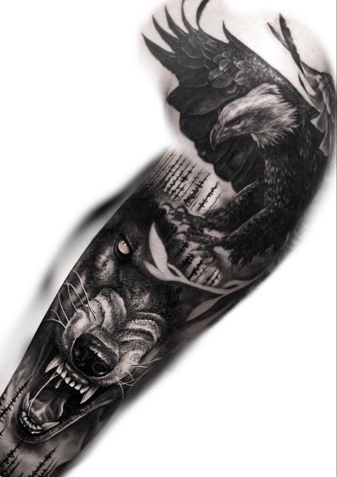 Eagle and wolf tattoo design Eagle And Wolf Tattoo Design, Wolf Sleeve Tattoos For Guys, Eagle And Wolf Tattoo, Eagle Wolf Tattoo, Wolf And Eagle Tattoo, Eagle Tattoo Men, Eagle And Wolf, Bald Eagle Tattoos, Wolf Sleeve