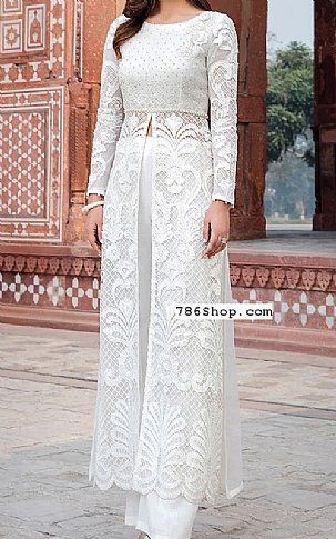 Self Net Dresses, Net Pakistani Suit Design, White Net Suits Design Pakistani, White Net Dresses Pakistani Style, Panel Shirt Design Pakistani, Silk And Net Dress, Net Design Dress, Embroided Net Dresses, White Net Dress Design