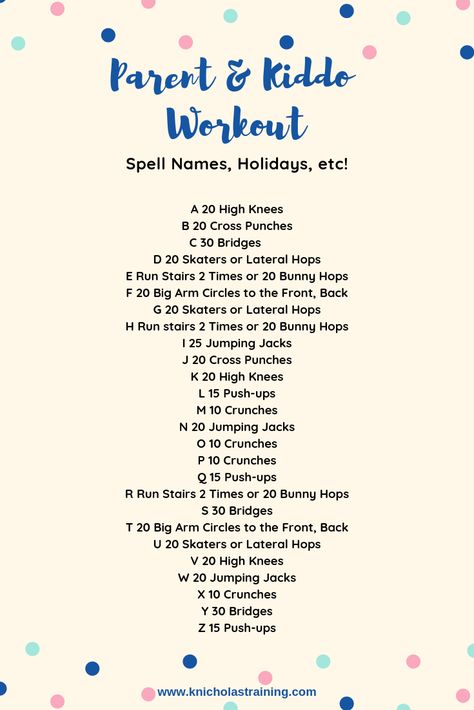 Sometimes it's hard to burn your kids' energy during the winter. It's too cold to go to the park or run around outside! If you want a fun, indoor activity you can do with your child, give this parent and child workout a try. It requires no equipment, and you can do it in your living room. #kidsactivities #mommyandme #fitness #exercise Labor Day Workout Ideas, Family Workouts With Kids, Exercise For Kids Workouts, Toddler Workout, Kid Workouts, Kid Workout Routine, Alphabet Workout, Workout For Kids, Family Workout