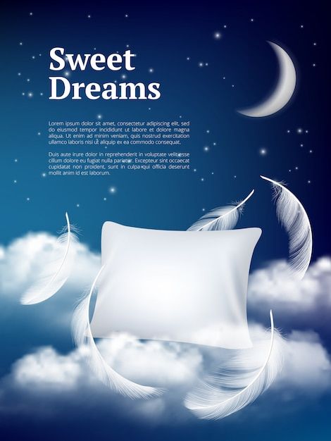 Premium Vector | Night dream pillow. advertizing poster with pillows clouds and feathers comfortable space realistic concept Event Poster Design Inspiration, Bedroom Illustration, Sleeping Man, Yoga Nature, Magic Night, Night Clouds, Sleeping Women, Dream Pillow, Cloud Vector