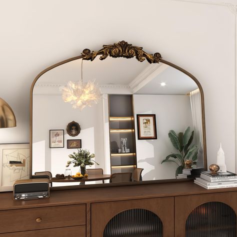 PRICES MAY VARY. Gold Arched Antique Mirror for Bathroom Wall Mirrored Fireplace Surround, Vintage Vanity Mirrors, Shelf In Front Of Mirror, Big Antique Mirror In Bedroom, Copper Bathroom Mirror, Over Mantle Mirror Ideas, Antique Mirror Bedroom, Gold Entryway Mirror, French Mirror Living Room