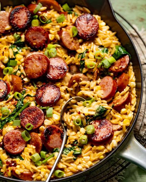 Creamy Cajun Orzo with Sausage (One Pan!) - Britney Breaks Bread Jalepeno Sausage Meals, Orzo Jambalaya, Sausage And Orzo Recipe, Andullio Sausage Recipes, Sausage Orzo Recipes, Sausage One Pan, Cajun Orzo, Orzo With Sausage, Fall Dinner Recipes For Two