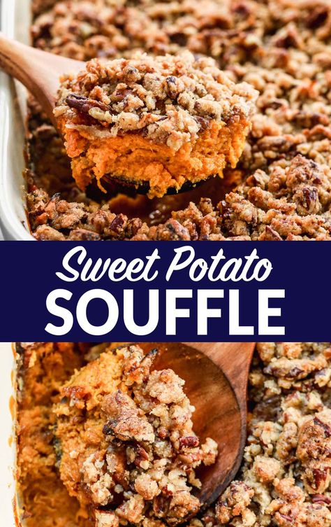 Southern Sweet Potato Souffle, Sweet Potato Souffle Recipes With Pecans, Maple Sweet Potato Souffle, Potato Souffle, Turkey Dinners, Sweet Potato Side Dish, Holiday Candy Recipes, Maple Sweet Potatoes, Sweet Potato Sides