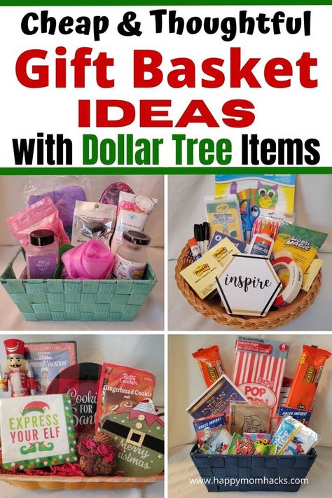 18 DIY Gift Basket Ideas from Dollar Tree that are thoughtful & affordable gifts to give friends and family. You'll be amazed what you can find at Dollar Tree to fill your gift baskets. Create baskets for women, men, and kids for Christmas, Birthdays, Mother's Day & Father's Day. With gift basket themes like Spa Day, Movie Night, BBQ, Bakers, Teachers Thank you, toy baskets & more. Find the perfect gift baskets your friends & family will love. Diy Gift Baskets For Coworkers, Bae Baskets Dollar Tree, Dollar Store Movie Night Basket, Spa Theme Basket, Diy Gift Baskets Dollar Tree, Dollar Tree Auction Basket Ideas, Spa Day Basket Ideas Diy, Cheap Gift Baskets For Women, Kitchen Gift Basket Ideas Dollar Tree