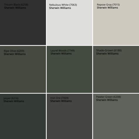 Dark Olive Benjamin Moore Exterior, Moody Office With Couch, Olive Black Paint Color, Hunter Green Basement, Wherein Williams Green Black, Dark Green Grey Paint Color, Black Green Grey Color Palette, Earthy Neutral Paint Colors, Fireplace Colors Painted Brick