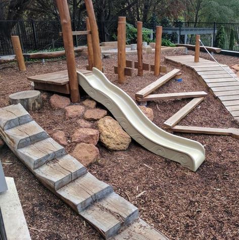 Masonmill Gardens Carmel Backyard Slope Playground, Playground On A Slope, Playground On Sloped Yard, Sloped Playground, Simple Outdoor Play Area, Nature Playground Backyard, Sloped Backyard Play Area, Playscape Backyard For Kids, Nature Based Playgrounds