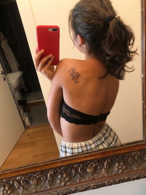 Tattoo On Back Of Shoulder For Women, Small Tattoos On Back Shoulder, Small Flower Tattoos Shoulder, Flower Tattoo On Back Of Shoulder, Back Of Shoulder Tattoo Small, Flower Tattoos Location, Back If Shoulder Tattoos For Women, Tattoo Back Of Shoulder Women, Small Back Tattoos Flowers