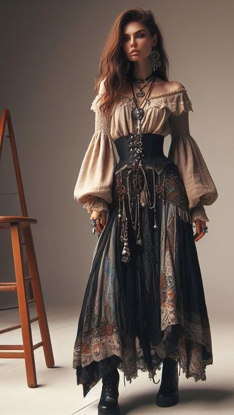 Victorian Boho Fashion, Gypsiesoul Fashion Outfits, Fantasy Fashion Aesthetic, Midevil Outfits Female, Romani Outfit, Whimsigoth Aesthetic Fashion, Fantasy Aesthetic Outfits, Modern Medieval Fashion, Rennaisance Outfits