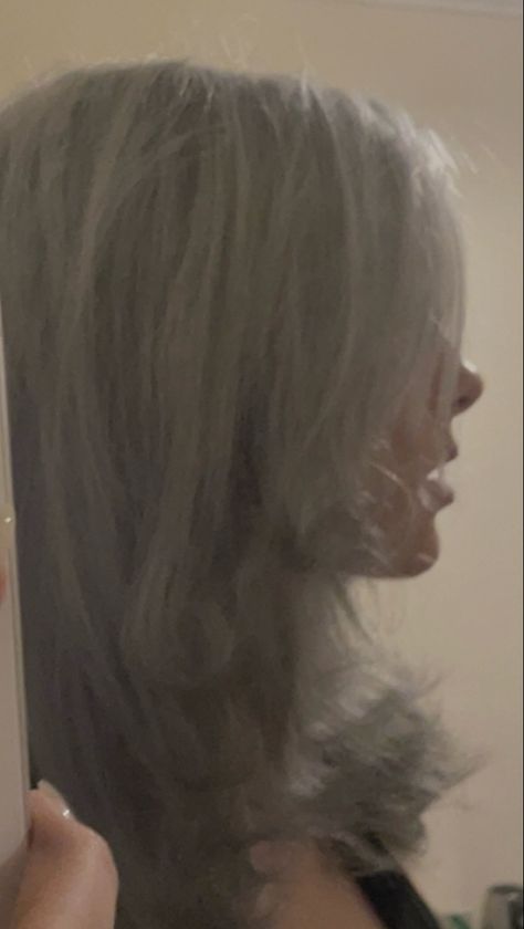 Silver grey hair with dark grey at the ends blended well and easy to do it has been curled at the end to show definition and flow Hair Dye Ideas Silver, Silver Hair Girl Aesthetic, Silver Hair Aesthetic, Permanent Blue Hair Dye, Permanent Purple Hair Dye, Permanent Red Hair Dye, Silver Hair Girl, Grey Silver Hair, Silver Grey Hair Dye