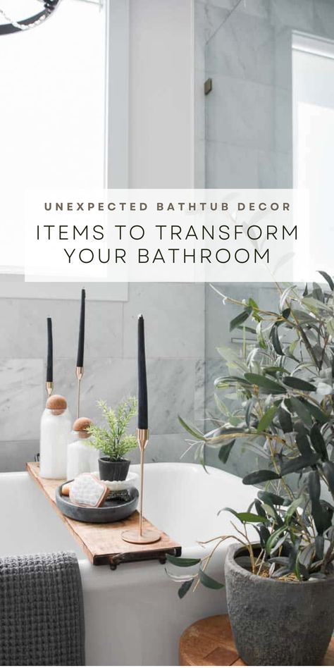 Take your bath tub decor to the next level with this easy bathroom tray decor.  Check out my blog for details and links. Master Tub Decor Ideas, Freestanding Bathtub Decor Ideas, Free Standing Tub Decorating Ideas, Decor Around Bathtub Master Bath, Decor Around Bathtub, Bathtub Tray Decor, Soaker Tub Decor, Bathtub Master Bath, Garden Tub Decor Master Bath