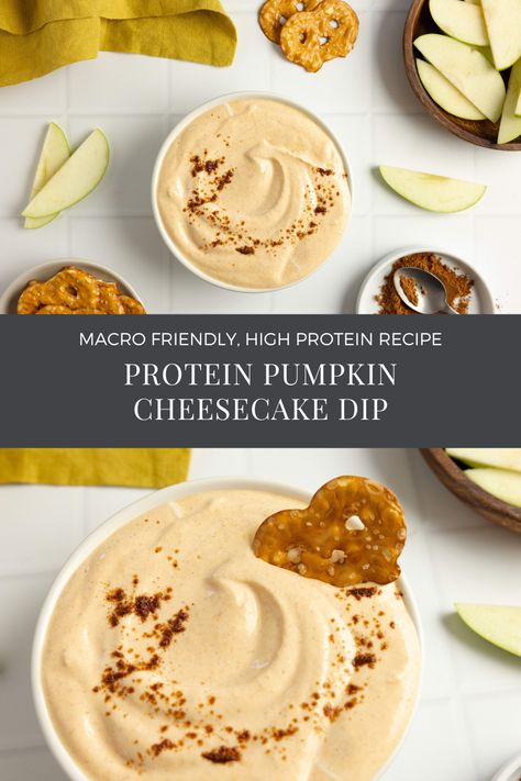 Protein Dessert Dip, Protein Cheesecake Dip, Protein Apple Dip, Protein Finger Foods, Fall Recipes Protein, Protein Thanksgiving Dessert, Protein Halloween Treats, Macro Friendly Pumpkin Recipes, Healthy Cheesecake Dip