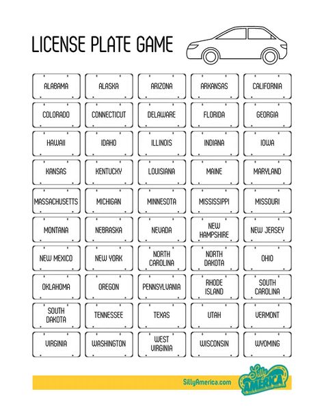 Free License Plate Game Printable, State License Plate Game Free Printable, Road Trip License Plate Printable, License Plate Bingo, Road Trip Bingo Adults, License Plate Game Printable Free Prints, Car Bingo Free Printable, Free Printable Road Trip Games, Road Trip Bingo Printable Free Prints