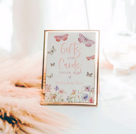 Enhance your bridal shower with this beautiful butterfly-themed "Gifts and Cards" sign! 🌸 This digital template features charming pink and pastel butterflies and a delicate floral design, perfect for adding a touch of elegance to your event. Easily editable using Templett.com, you can personalize this sign right in your web browser--no software needed! Available in 8x10 and 5x7 sizes, this instant download is ideal for printing at home. Make your bridal shower memorable and organized with this Butterfly Wedding Shower Theme, Butterfly Bridal Shower Ideas Decoration, Lifetime Of Butterflies, Bridal Shower Brunch Decorations, Brunch Decorations, Butterfly Sign, Cards And Gifts Sign, Bridal Shower Sign, Pastel Butterflies