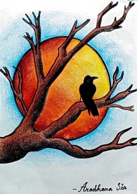 Easy Pencil Colour Drawings, Bird Sunset, Scenery Drawing For Kids, Sunset Drawing, Easy Scenery Drawing, Birds Drawing, Hard Drawings, Poster Rangoli, Oil Pastel Drawings Easy