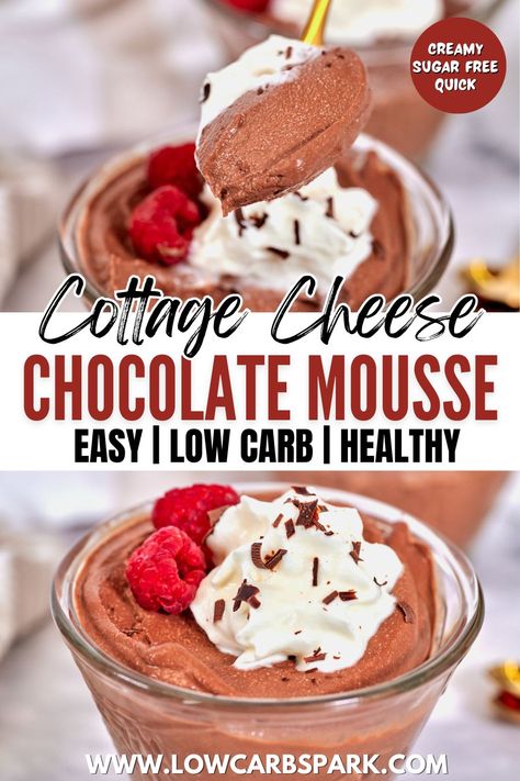 This Cottage Cheese Chocolate Mousse is a delicious rich and creamy dessert that's easy to make with just 5 ingredients. This sugar-free mousse is loaded with protein, comes toether in minutes and perfect for any occasion . Cruise Recipes, Low Carb Chocolate Mousse, Jorge Cruise, Cottage Cheese Desserts, Keto Chocolate Mousse, Easy Chocolate Mousse, Dessert Inspiration, Diy Easy Recipes, Keto Diets