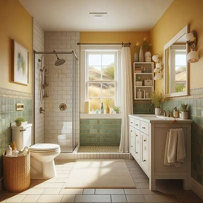 small bathroom with white double vanity, yellow walls, earthtone tile, green tile backsplash, walk-in shower, and a window - Image Creator from Microsoft Designer Cute Yellow Bathroom, Teal And Yellow Bathroom, Green Yellow Bathroom, Green And Yellow Bathroom, Yellow Tile Bathroom Ideas, Yellow Tile Bathroom, Vintage Yellow Bathroom, Green Tile Backsplash, White Double Vanity